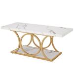 Tribesigns Rectangle Coffee Table, 47.24-inch Modern Coffee Tables for Living Room, 2-Tier Faux Marble Wood Coffee Table with Geometric Legs, Furniture with Storage Shelf (White & Gold)