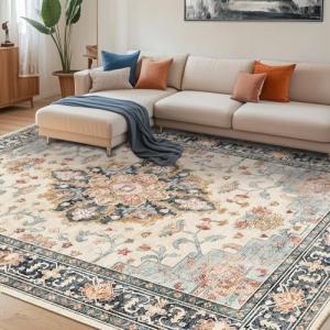 Blue-Beige Vintage 8x10 Machine Washable Area Rug