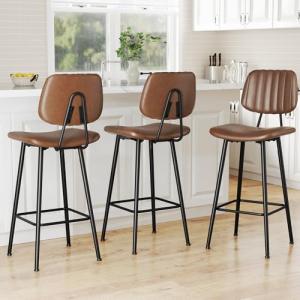 Raynesys 29-Inch Leather Bar Stools Set of 3, Counter Height Barstools with High Backrest，Bar Chairs for Kitchen Island with Heavy Duty Metal Legs, Dark Brown