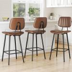 Raynesys 29-Inch Leather Bar Stools Set of 3, Counter Height Barstools with High Backrest，Bar Chairs for Kitchen Island with Heavy Duty Metal Legs, Dark Brown