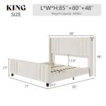 AMERLIFE King Size Bed Frame, Velvet Upholstered Platform Bed with Vertical Channel Tufted Headboard & Footboard/Wingback, Mattress Foundation with Wood Slats, No Box Spring Needed, Cream