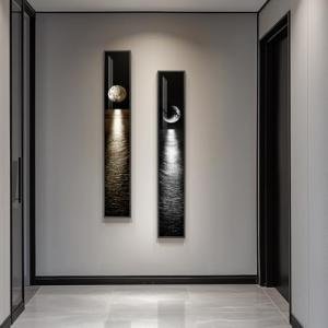 Framed Long Narrow Vertical Moon Wall Art Set of 2, Modern Black White Gold Bright Art Prints Paintings, Night Sea Landscape Pictures for Living Room Entryway Hallway Dining Room Bedroom Wall Decor