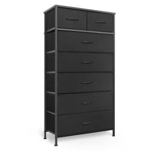 Mifuro Tall Dresser for Bedroom, Vertical Storage Organizer Tower with 7 Drawers, Chest of Drawers with Fabric Bins, Steel Frame, Wood Top for Bedroom, Closet, Entryway- Black