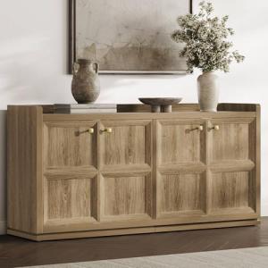 SICOTAS 4-Door Buffet Cabinet, 61.7" Wide Extra Long Sideboard with 2 Separate Bays & Adjustable Shelves, Modern Credenza Storage Cabinet with Gold Handles for Kitchen Living Room, Brown Oak, 1 PCS