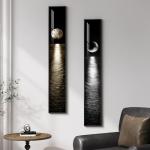 Framed Long Narrow Vertical Moon Wall Art Set of 2, Modern Black White Gold Bright Art Prints Paintings, Night Sea Landscape Pictures for Living Room Entryway Hallway Dining Room Bedroom Wall Decor