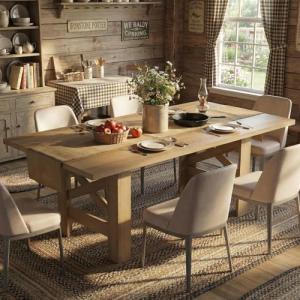 IDEALHOUSE 71" Long Dining Table for 6-8, Farmhouse Wooden Barn Kitchen Table for 6, Triangular Legs, Large Dining Room Table w/Thickened Tabletop, Sturdy Frame, for Dinner, Kitchen, Office, Natural
