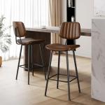 Raynesys 29-Inch Leather Bar Stools Set of 3, Counter Height Barstools with High Backrest，Bar Chairs for Kitchen Island with Heavy Duty Metal Legs, Dark Brown