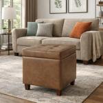 HomePop Square Tufted Storage Ottoman - Distressed Brown Faux Leather Small