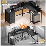 Korfile 59 inch L Shaped Computer Desk with Power Outlets, Home Office Desk with 4 Adjustable Storage Drawers & 2 Monitor Stands, Two Person Gaming Table for Bedroom, Black