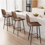 Raynesys 29-Inch Leather Bar Stools Set of 3, Counter Height Barstools with High Backrest，Bar Chairs for Kitchen Island with Heavy Duty Metal Legs, Dark Brown