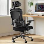 Sweetcrispy Office Chair Ergonomic Desk Chair, 300 LBS Home Mesh Office Desk Chairs with Wheels, 2D Headrest, Up&Down Lumbar Support, Swivel High Back Computer Chair with Flip-up Armrests,Dark Black