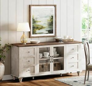 WAMPAT Sideboard Buffet Cabinets with Glass Door, Kitchen Storage Cabinets, Wood Coffee Bar Tables, Accent Sideboard Storage Cabinet for Dining Room, Living Room, Rustic White