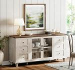 WAMPAT Sideboard Buffet Cabinets with Glass Door, Kitchen Storage Cabinets, Wood Coffee Bar Tables, Accent Sideboard Storage Cabinet for Dining Room, Living Room, Rustic White