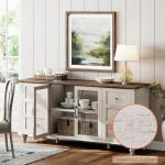 WAMPAT Sideboard Buffet Cabinets with Glass Door, Kitchen Storage Cabinets, Wood Coffee Bar Tables, Accent Sideboard Storage Cabinet for Dining Room, Living Room, Rustic White
