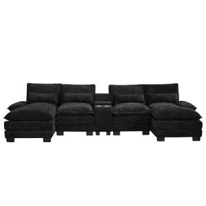 125" U Shaped Cloud Modular Sectional Couch for Living Room, Small Comfy Chenille Sofa with Double Chaise Lounge, Storage Central Console, Cup Holders, USB Port,Black