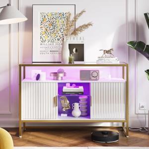 Bestier Sideboard Buffet Cabinet, 47" LED Coffee Bar Cabinet with Power Outlet, Modern Console Table with Glass Shelves for Living Room, Bedroom, Modern White