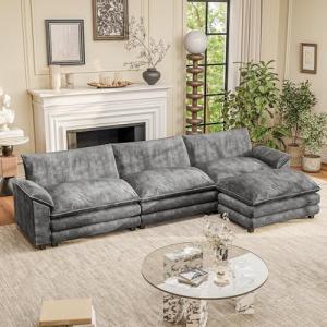 Furniwell 119" Modular Couch 3-Seat Sofa with Reversible Ottoman, Cloud Couch L Shaped Sofa with Deep Seat, Chenille Sectional Couches for Living Room