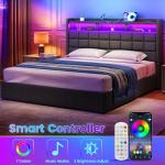 Driftalia Lift Up King Size Bed Frame with Storage, Upholstered King Bed Frame with Charging Station and LED Lights Headboard, No Box Spring Needed, Easy Assembly - Dark Grey