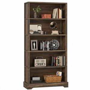 TVU 5-Tier Solid Wood Book Shelf, Floor Standing Bookcase, 65" H × 31.5" W × 11.8" D Bookshelf, Farmhouse Style Book Case with Arched Base, Suitable for Living Room, Study, Office, Walnut