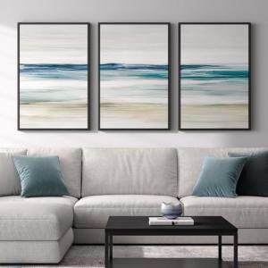 Framed Abstract Coastal Wall Art for Living Room, Large Blue Coastal Landscape Decor, 3 Piece Minimalist Beach Ocean Painting Artwork for Walls, Canvas Prints for Bedroom Hallway Wall Decor, 24x36 In