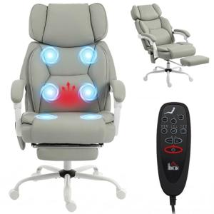 HOMCOM Massage Office Chair with Lumbar Heat, Ergonomic Executive Desk Chair with Adjustable Headrest, 6 Points Vibration, High Back, Reclining, Padded Armrests, Footrest, PU Leather, Light Gray