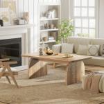 Rustic Coffee Table for Living Room - Farmhouse Oak Wood Rectangle Coffee Table, Solid Real Wooden Brown Center Table Organic Modern