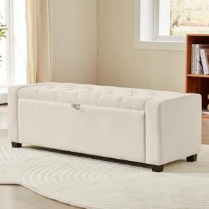 Royal Windsor Ottoman with Storage,Tufted Storage Bench with Safety Hinge,Holds up to 350 lb,Upholstered Bench with Seating for Bedroom, Living Room,Entryway,Linen Beige