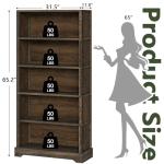 TVU 5-Tier Solid Wood Book Shelf, Floor Standing Bookcase, 65" H × 31.5" W × 11.8" D Bookshelf, Farmhouse Style Book Case with Arched Base, Suitable for Living Room, Study, Office, Walnut