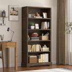 TVU 5-Tier Solid Wood Book Shelf, Floor Standing Bookcase, 65" H × 31.5" W × 11.8" D Bookshelf, Farmhouse Style Book Case with Arched Base, Suitable for Living Room, Study, Office, Walnut