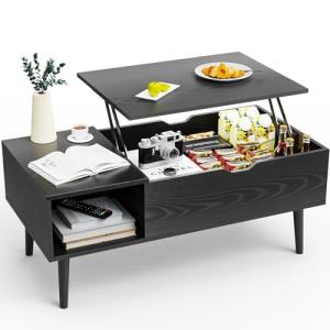 Sweetcrispy Coffee Table Lift Top Coffee Tables for Living Room,Small Rising Wooden Center Tables with Storage Shelf and Hidden Compartment, Black