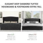 AMERLIFE California King Size Platform Bed Frame, Velvet Upholstered Bed with Deep Button Tufted & Nailhead Trim Wingback Headboard/No Box Spring Needed,Black