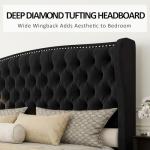 AMERLIFE California King Size Platform Bed Frame, Velvet Upholstered Bed with Deep Button Tufted & Nailhead Trim Wingback Headboard/No Box Spring Needed,Black