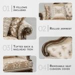 Lexicon Traditional Sofa Couch for Living Room, Rolled Arm Sofa with 5 Accent Pillows, Tufting, Queen Legs in Cherry Finish with Gold Tipping, Upholstered Living Room Furniture, 3 Seater Couch, Brown