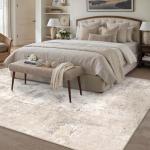 WondRg 8x10 Washable Area Rug Beige Grey Neutral Abstract Living Room Bedroom Large Throw Rug Non Slip Soft Low Pile Indoor Floor Carpet for Dining Room Kitchen Office Entryway