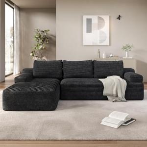 Yaheetech 110" Modular Sectional Sofa Corduroy Boneless Couch with Chaise L-Shape Cloud Couch with Detachable Pillows No Assembly Sofa for Living Room, Dark Gray