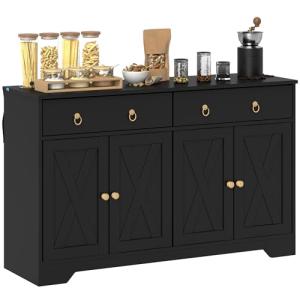 HOMCOM 48" Sideboard Buffet with Storage, Kitchen Storage Cabinet with 2 Drawers and 4 Barn Doors, Farmhouse Coffee Bar Cabinet with Adjustable Shelves, Black