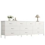 Huuger 63 Inch Dresser for Bedroom, Long Dresser with 10 Fabric Drawers, TV Stand for 55, 65, 70 Inch TV, Toy Storage Organizer for Closet, White