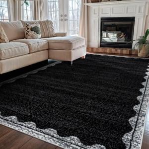 Rugshop Minimal Scalloped Border Indoor Area Rug for Living Room Kitchen Bedroom Entryway, 5' x 7' Black/Ivory