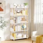 OUTONLIFE 5-Tier Wooden Bookshelf, Modern Open Bookcase with Solid Wood Frame and Top Edge, Sturdy Freestanding Storage Organizer for Living Room, Bedroom, Home Office (White)