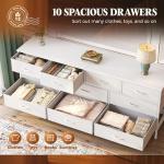 Huuger 63 Inch Dresser for Bedroom, Long Dresser with 10 Fabric Drawers, TV Stand for 55, 65, 70 Inch TV, Toy Storage Organizer for Closet, White