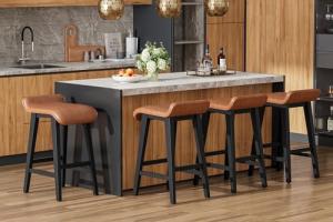IDEALHOUSE 26.2" Solid Wood Bar Stools Set of 4, Counter Height Bar Stools with Wide PU Leather Upholstered Seat, Barstools Set for Kitchen Islands, Counter Bars, Brown