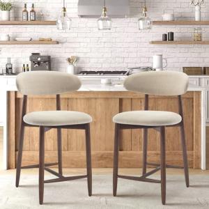 COLAMY Counter Height Bar Stools Set of 2, Kitchen Bar Stools with Back, Mid Century Modern Upholstered, with Wood Legs for Kitchen Island Dining Room, Beige