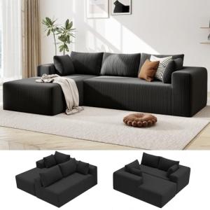 Mvpipi Boneless Couches for Living Room, L-Shaped Cloud Couch with Oversized Chaise, Modular Sectional Couch w/Deep Seat, Corduroy Comfy Sofa, No Assembly Couches for Bedroom & Apartment, Black
