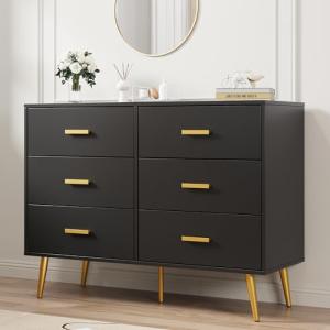 IDEALHOUSE 6 Drawer Dresser, Modern Wooden Chest of Drawers with Gold Handles, Deep Drawers for Bedroom, Living Room and Entryway, Black