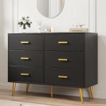 IDEALHOUSE 6 Drawer Dresser, Modern Wooden Chest of Drawers with Gold Handles, Deep Drawers for Bedroom, Living Room and Entryway, Black