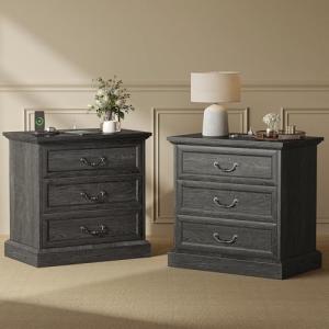 Huuger Nightstand with Charging Station, 3 Drawer Night Stand Set of 2, 22 Inch Wider Side Table with Storage, Farmhouse Nightstand with Vintage Handles, Thicken Base, for Bedroom, Black