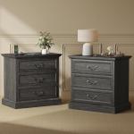 Huuger Nightstand with Charging Station, 3 Drawer Night Stand Set of 2, 22 Inch Wider Side Table with Storage, Farmhouse Nightstand with Vintage Handles, Thicken Base, for Bedroom, Black