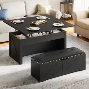 YITAHOME Lift Top Coffee Table Set with Storage Ottoman Bench & Wheels, 4 in 1 Convertible Dinning Center Tables with Hidden Compartment, Farmhouse Coffee Tables for Living Room Furniture, Black