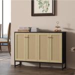 Panana Sideboard Accent Storage Cabinet with Rattan Decorated 4 Doors Dining Room Freestanding Kitchen Buffet Table Cupboard (Black)