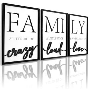 3D Wood Family Wall Decor, 36" x 16" Framed Family Sign Wall Art, 3D Pictures for Living Room (Ready to Hang, 12x16 inches, Set of 3, Framed)